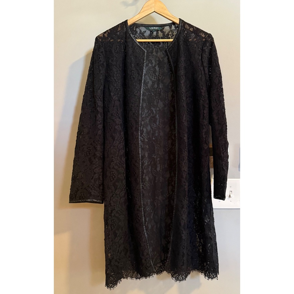 Lauren Ralph Lauren Lace Duster Womens L Black Faux Leather Trim Long Cardigan